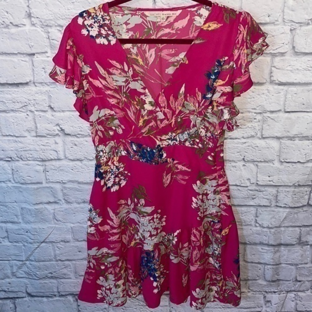 Rachel Roy Floral Faux Wrap Elastic Back Flutter Sleeve Asymmetric Lined Dress